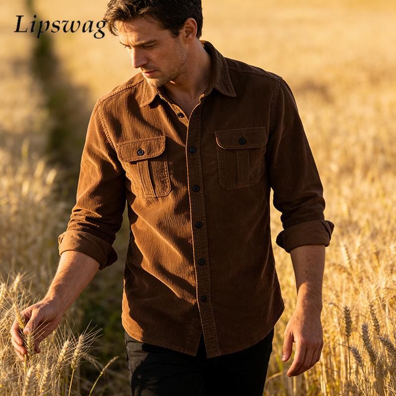 Corduroy Button Up Shirt Men - Chaquetas Vintage de pana de Color