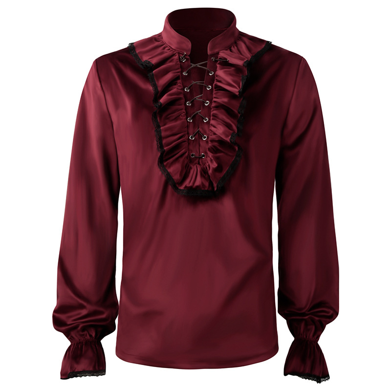 Medieval Gothic Lace Up Pirate Shirt - Camisa de encaje rojo con volantes