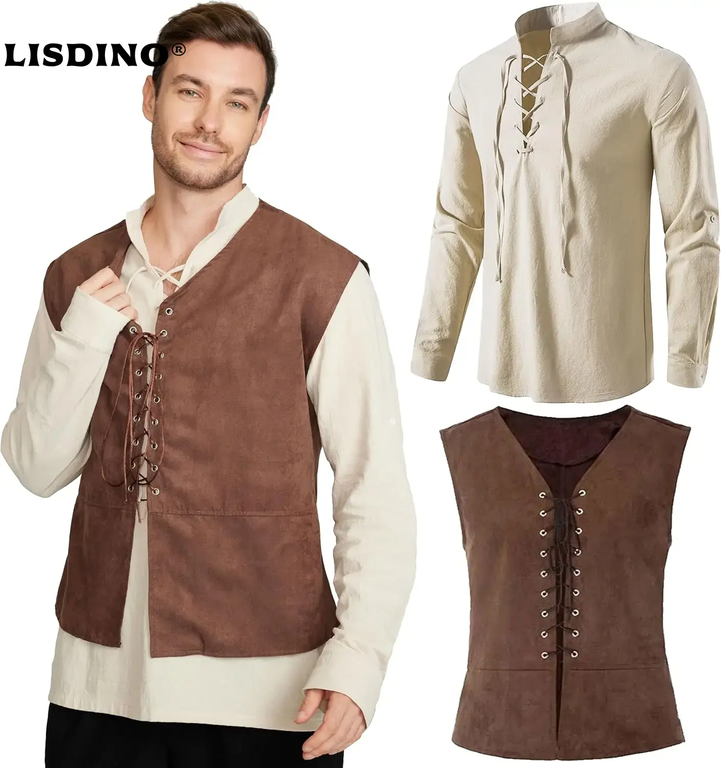 Medieval Gothic Lace Up Pirate Shirt - Conjunto de 2 piezas de chaleco